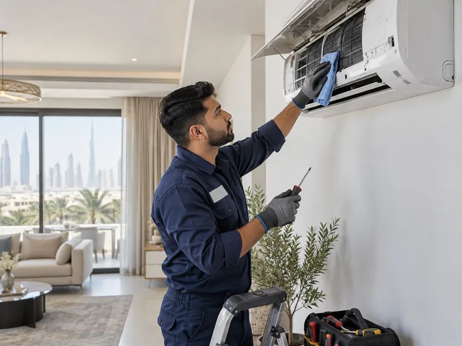 Technician servicing a wall-mounted split air conditioner
