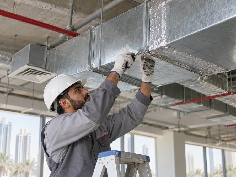 Technician repairing overhead air-conditioning ductwork